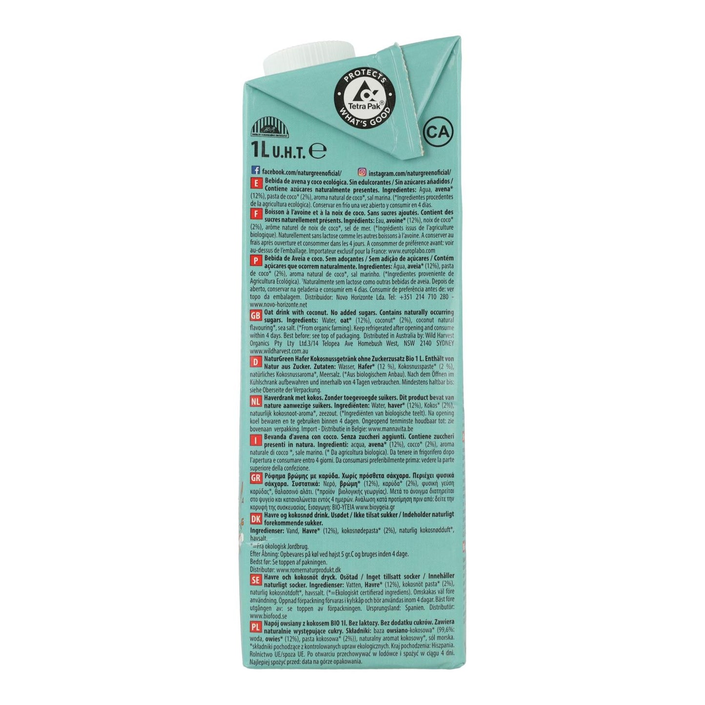 6er-Pack Bio-Hafer-Kokos-Getränk NaturGreen 1 l