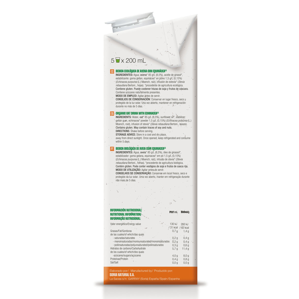 Boisson écologique à l'avoine et à l'échinacée, Soria Natural, 1 L