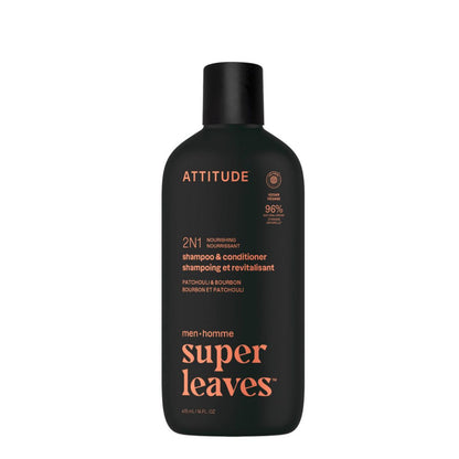 Super leaves Shampooing et après-shampooing 2 en 1 - Patchouli et bourbon, Attitude, 415 ml