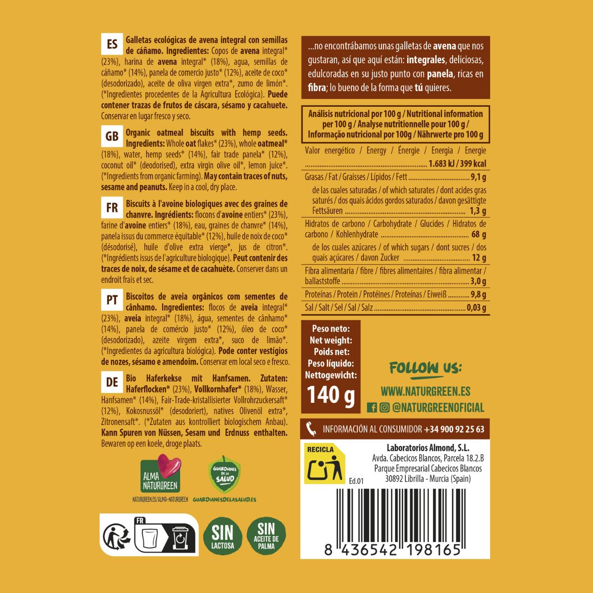 Biscuit complet à l'avoine et au chanvre Bio NaturGreen 140 g