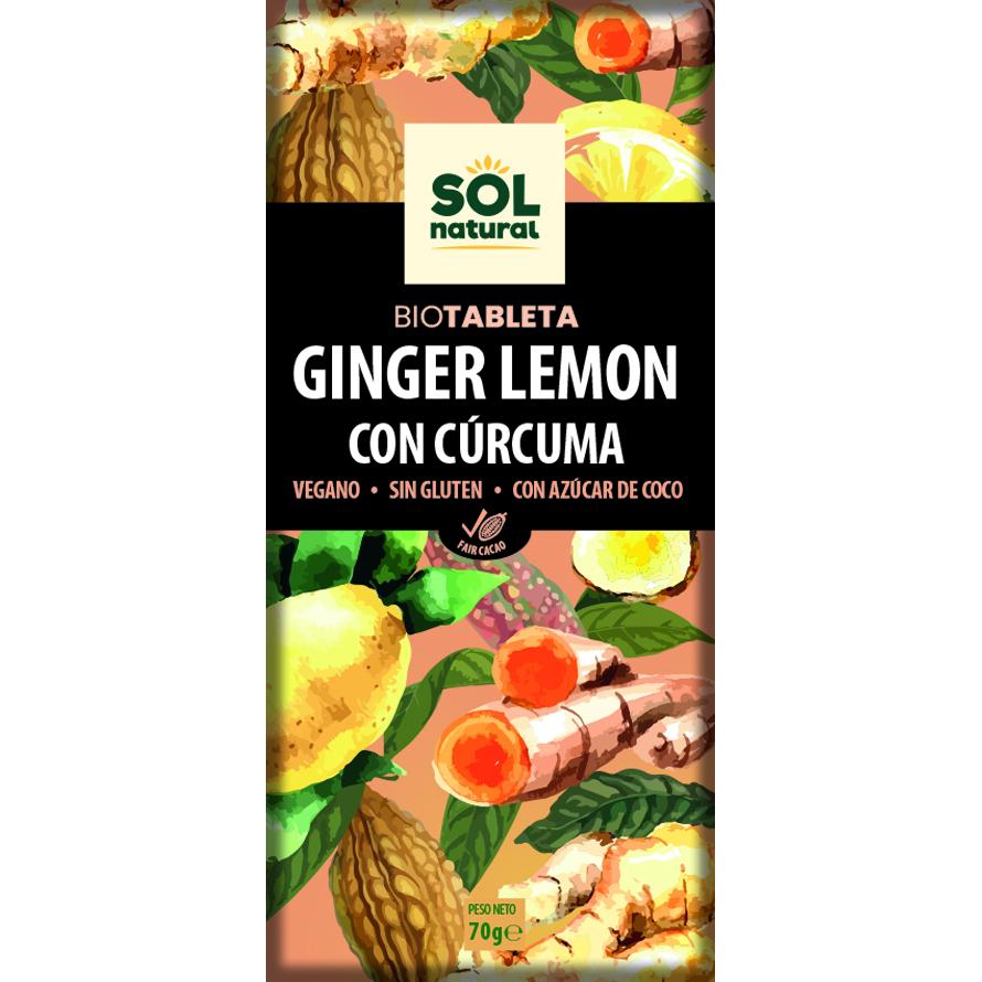 Vegan chocolate with ginger, lemon and turmeric, organic, Sol Natural, 70 g