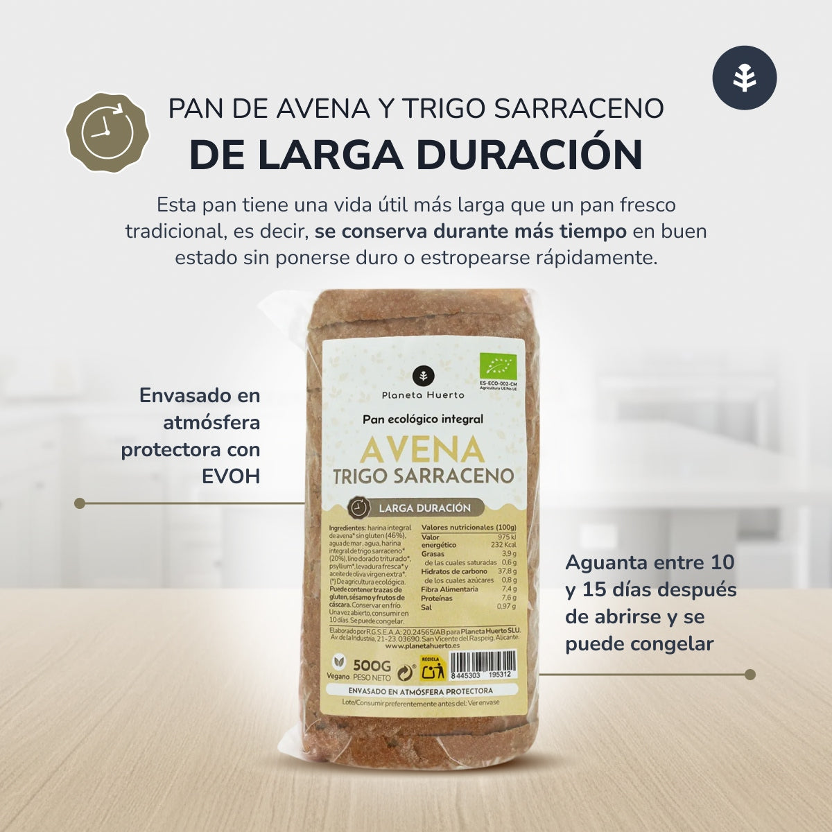 Planeta Huerto Organic Wholemeal Oat and Buckwheat Bread 500 g