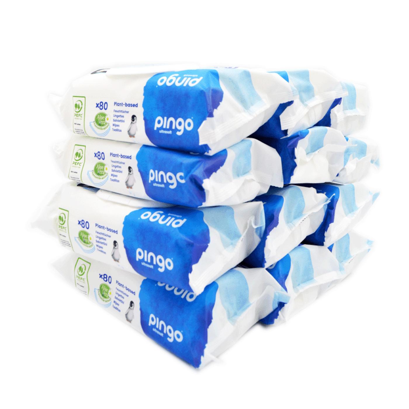 Förpackning med 12 x 100 % biologiskt nedbrytbara våtservetter Pingo 80 st.