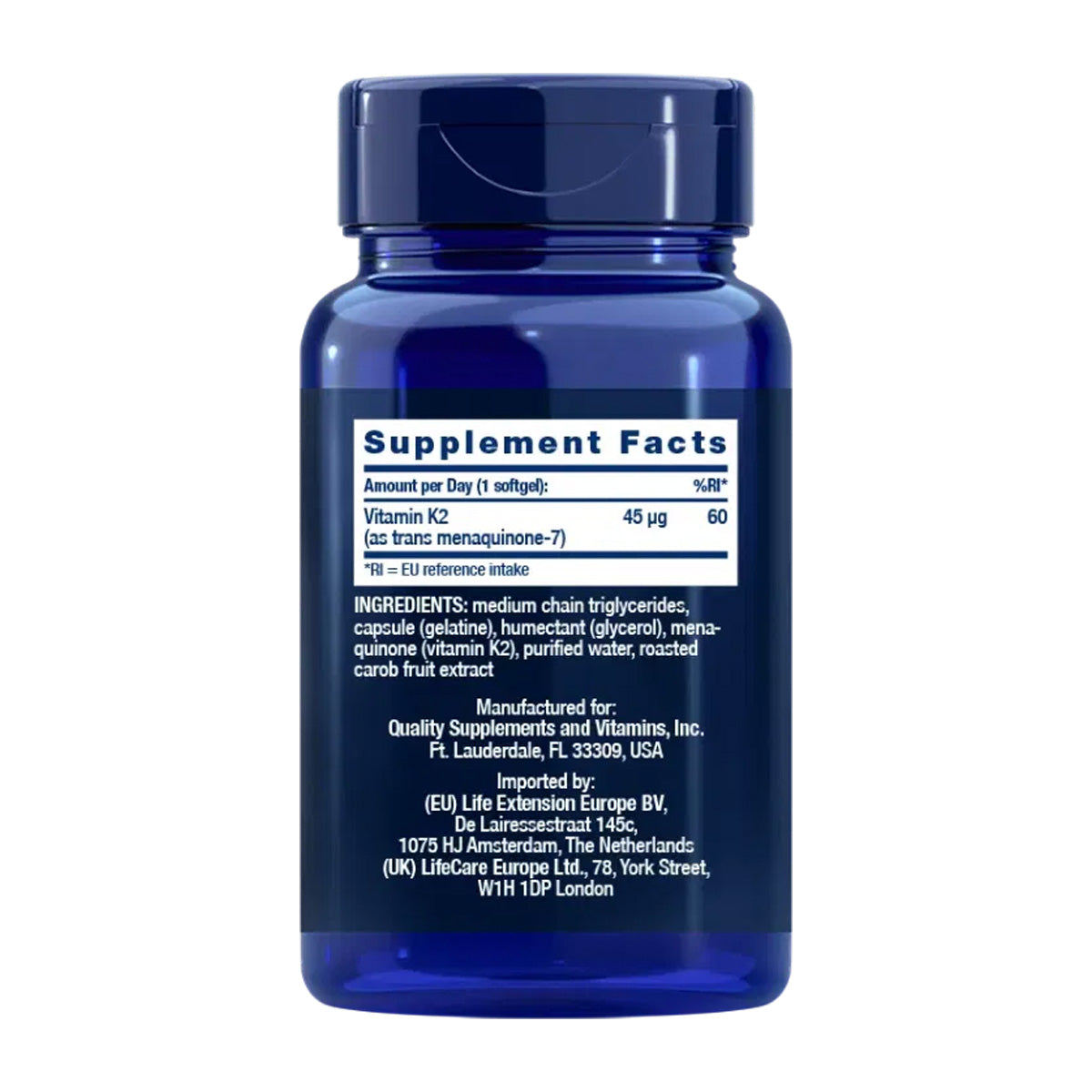 Vitamine K2 à faible dose (MK-7) 45 mcg, Life Extension 90 perles