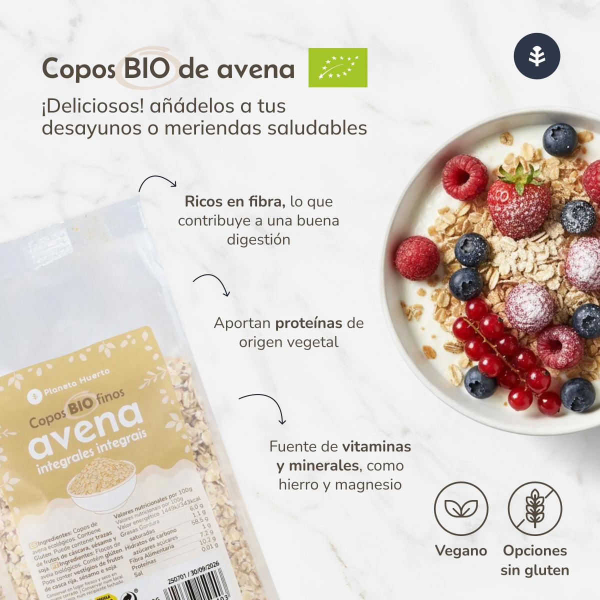 Flocons d'avoine grossiers sans gluten ECO Planeta Huerto 1,5 Kg
