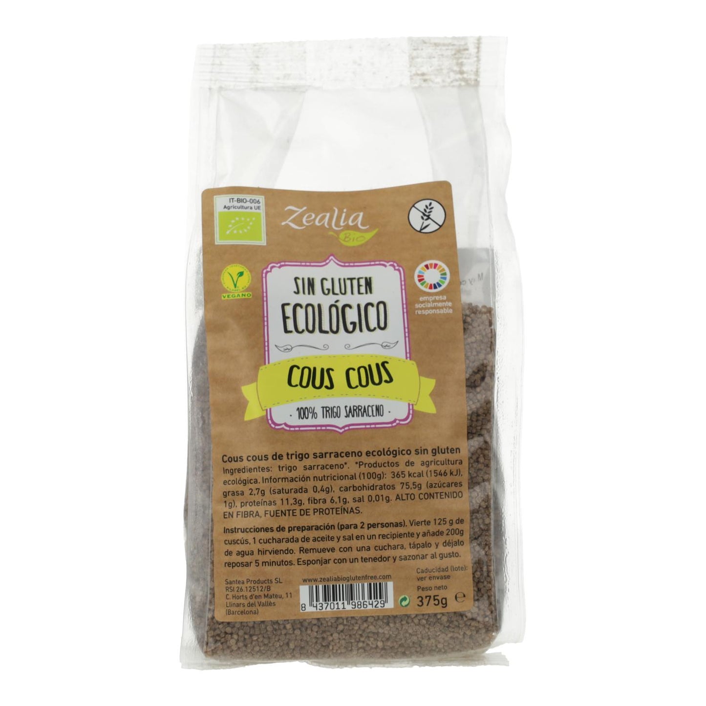 Zealia Organic Gluten-Free Buckwheat Couscous 375 g