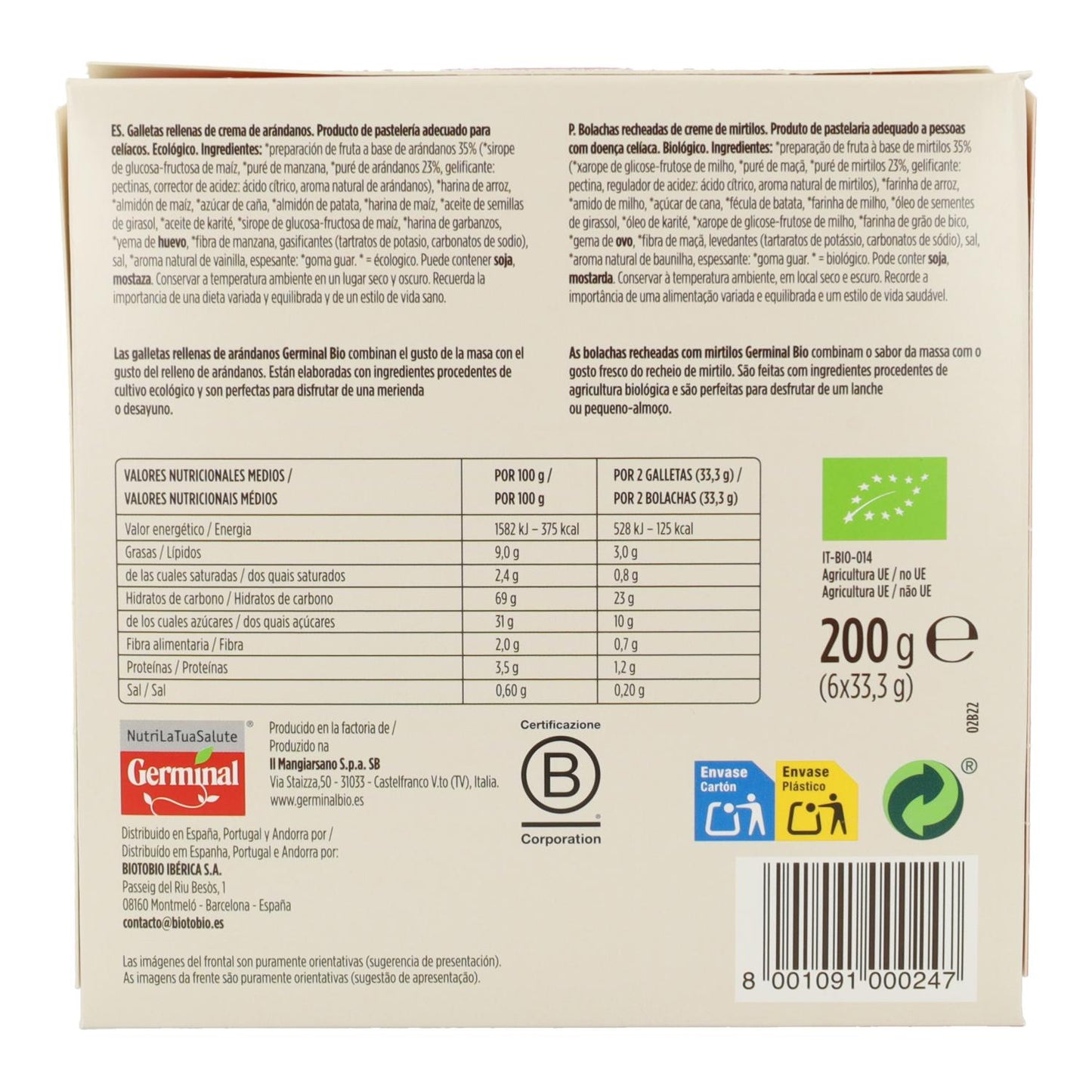 Germinal gluten-free biscuits filled with blueberry cream, 200 g