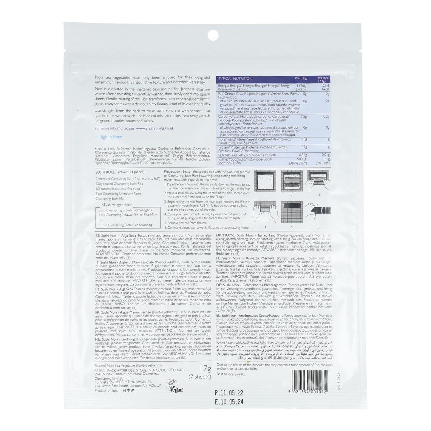 Feuilles d'algues nori spéciales pour sushi Clearspring, 7 feuilles, 17 g