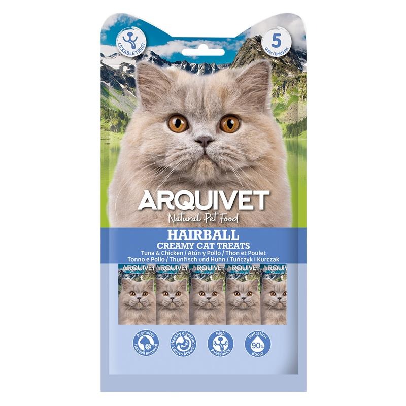 Creamy Cat Treats Snack cremoso funzionale Hairball Tonno e Pollo Arquivet 5x14 g