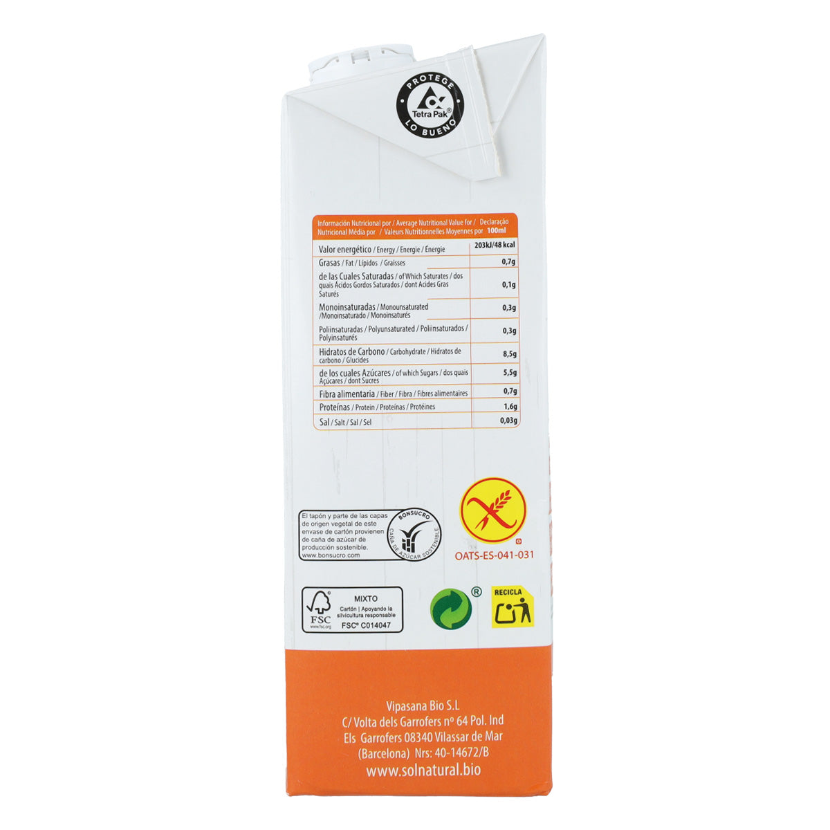 6er-Pack glutenfreies Bio-Hafergetränk Sol Natural 1 l