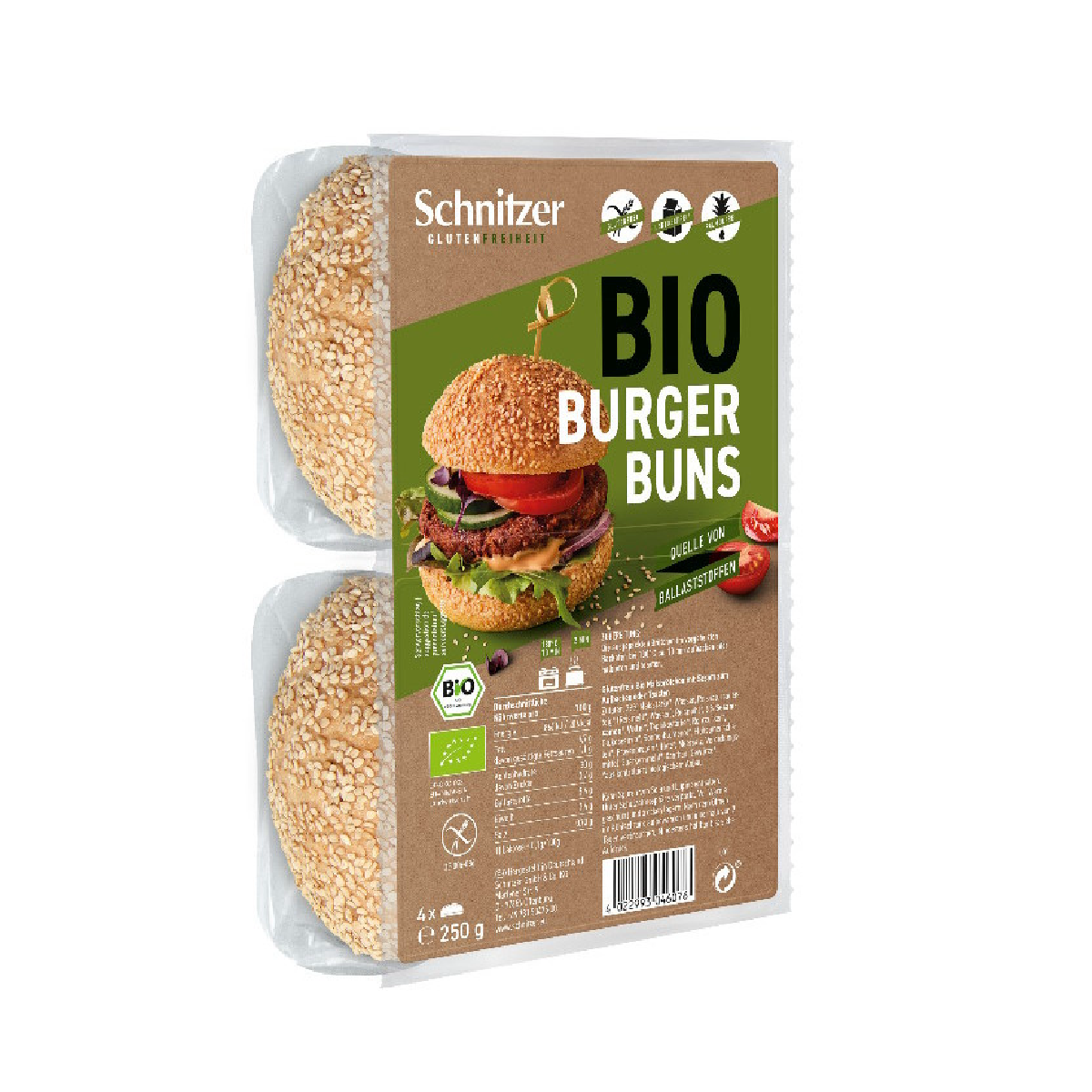 Pains à hamburger bio sans gluten Schnitzer, 4 pièces x 62,5 g