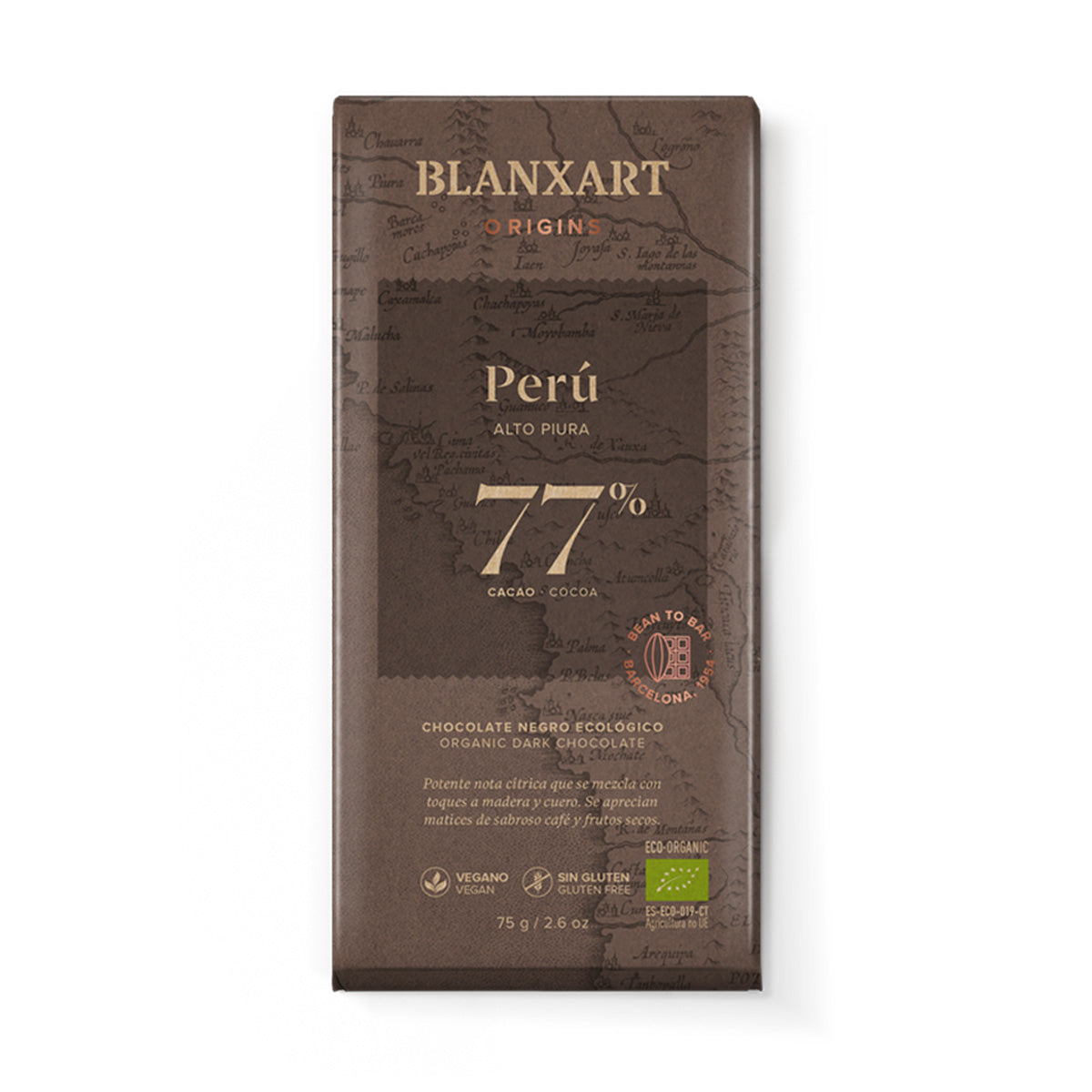 Chocolat noir 77 % Pérou Eco Vegan Sans gluten Blanxart 75 g
